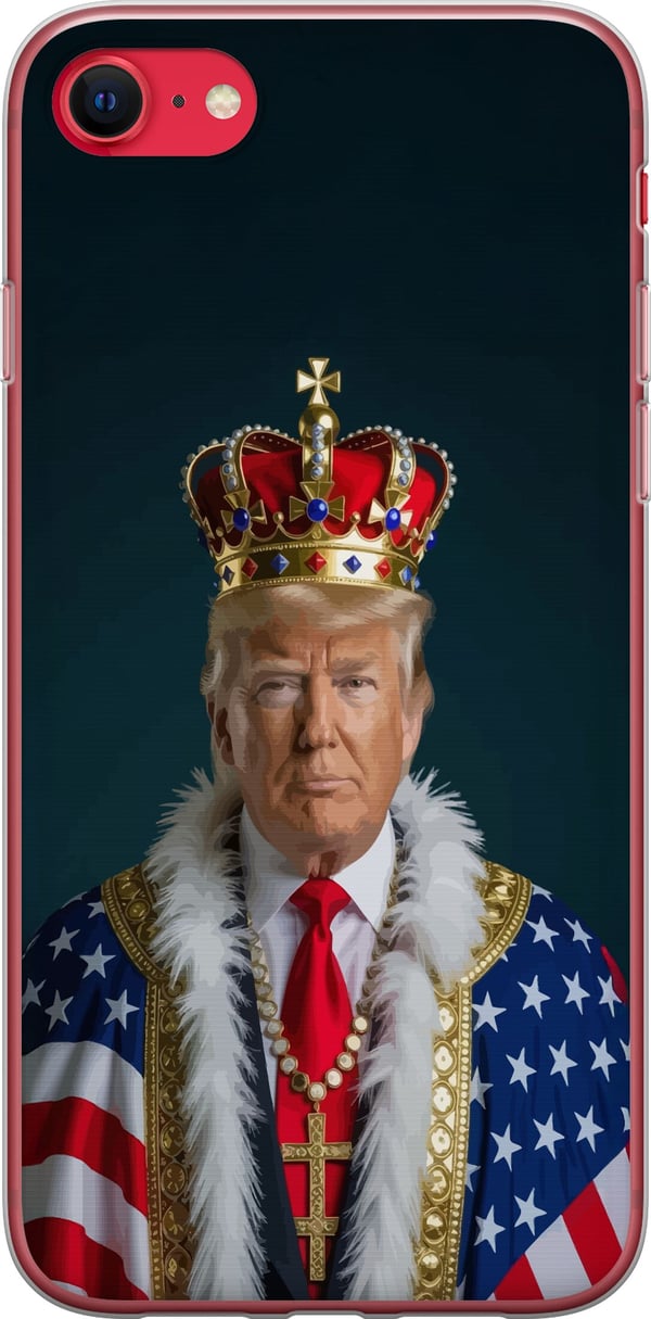Yhteensopiva Puhelinkuori Apple iPhone SE (2022) Muotokuva Donald Trumpista kuninkaaksi pukeutuneena, kruunu päässään ja Yhdysvaltain lipulla koriste