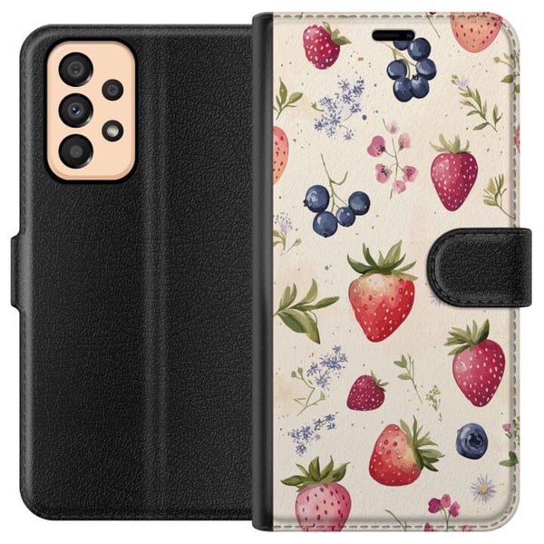 Yhteensopiva Lompakkokotelo Samsung Galaxy A33 5G Kesäinen marjakuvio mansikoilla, mustikoilla ja akvarellikukilla – trendikäs ja raikas design, joka