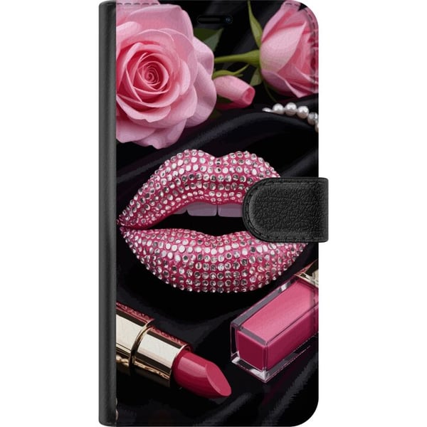Kompatibelt Plånboksfodral till Samsung Galaxy A32 5G Pink glitter lips makeup diamonds rosor nagellack fashion glamour beauty poster rosa läppar art