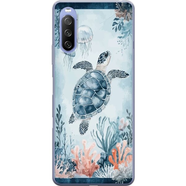 Kompatibelt Mobildeksel til Sony Xperia 10 III Akvarellskilpadde i et rolig blått hav blant koraller og svevende maneter