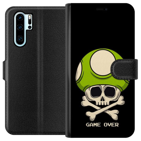 Yhteensopiva Lompakkokotelo Huawei P30 Pro Peli-inspiroitu kuvitus, jossa on pääkallo ja vihreä sieni retrotyyliin sekä teksti game over