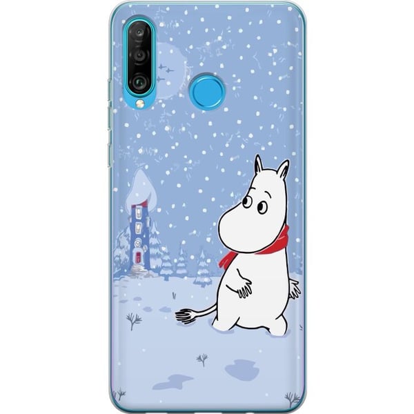 Kompatibelt Mobilskal till Huawei P30 lite Figur står i stilla vinterlandskap med snöfall blå toner och måne som skapar lugn harmoni och mjuk vintrig