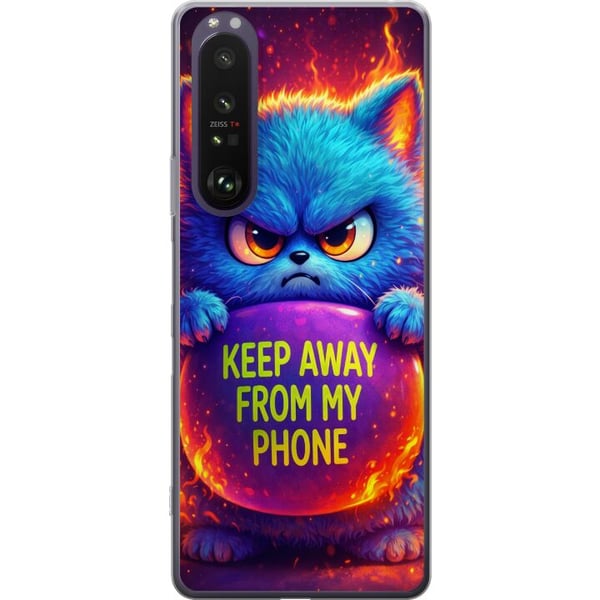 Kompatibel Mobilcover til Sony Xperia 1 III Vred, lodden blå kat med teksten Keep Away From My Phone i neonfarver og flammelignende effekter, humoris