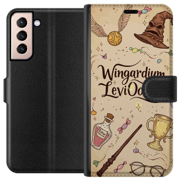 Kompatibelt Lommeboketui til Samsung Galaxy S21 Harry Potter Wingardium Leviosa-illustrasjon – magisk Harry Potter-tema med tryllestav, Snitch og hat