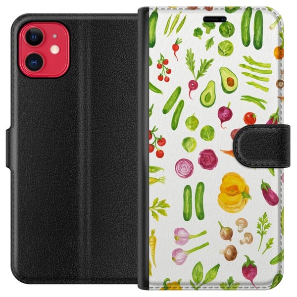 Kompatibelt Plånboksfodral till Apple iPhone 11 Veggies pattern vegetables avocado tomato cucumber broccoli healthy food poster kök design retro