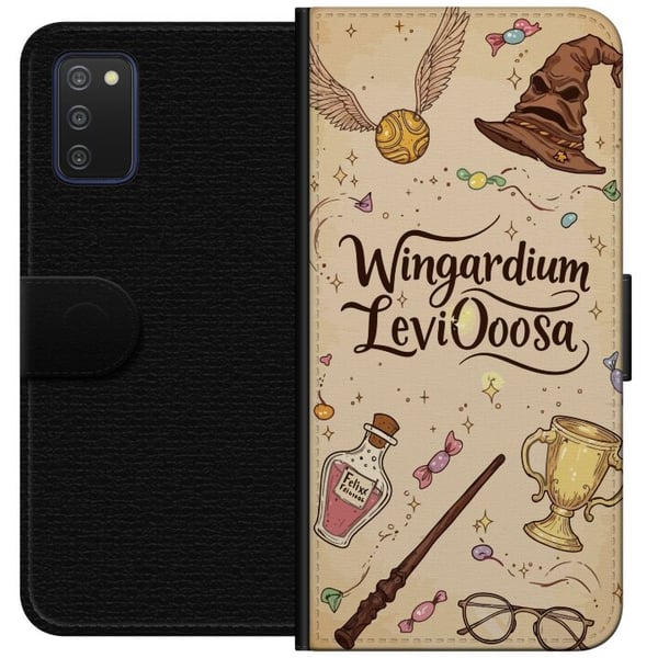 Kompatibelt Lommeboketui til Samsung Galaxy A03s Harry Potter Wingardium Leviosa-illustrasjon – magisk Harry Potter-tema med tryllestav, Snitch og ha