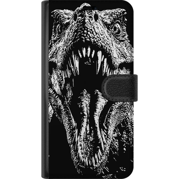 Kompatibelt Plånboksfodral till Samsung Galaxy A32 5G T-Rex vrål dinosaurie episk svartvit prehistoric beast fierce roar monster art illustration pos