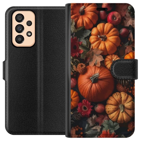 Kompatibelt Plånboksfodral till Samsung Galaxy A33 5G Höstmotiv poster pumpkins halloween autumn harvest äpplen rustic dekor blommor fall season desi
