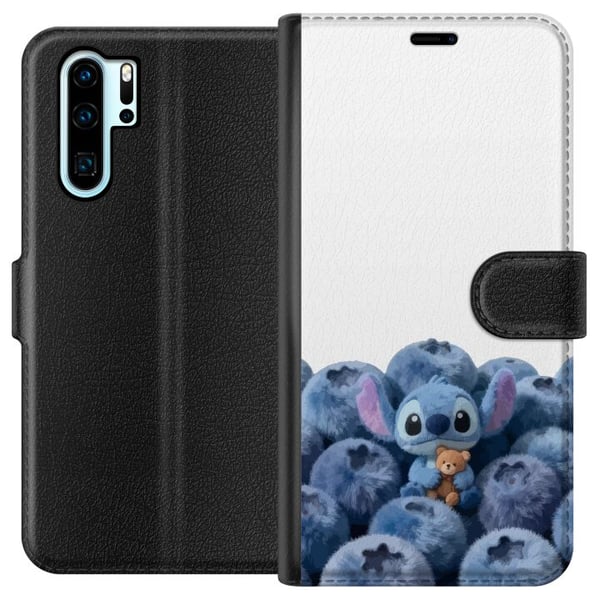 Kompatibel Tegnebogsetui til Huawei P30 Pro Sød blå figur blandt blåbær med en bamse i en blød og legesyg illustration til børneværelset
