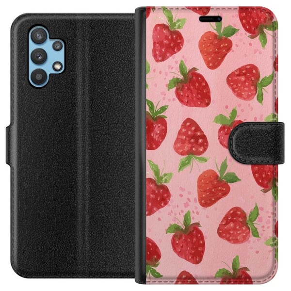 Kompatibelt Plånboksfodral till Samsung Galaxy A32 5G Strawberry Dreams – jordgubbsmönster i retrostil