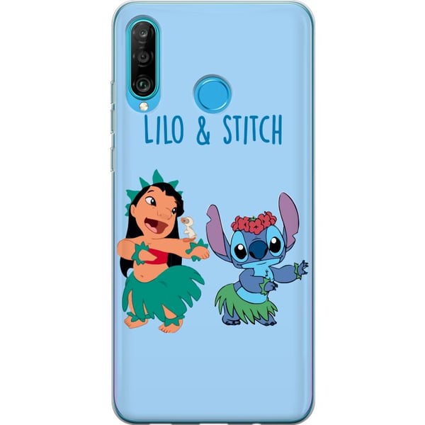 Kompatibelt Mobilskal till Huawei P30 lite Lilo och Stitch som dansar hula i färgglad tropisk illustration