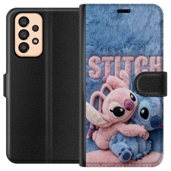 Kompatibel Tegnebogsetui til Samsung Galaxy A33 5G Fluffy Stitch og Angel omfavner på en blød pelsagtig overflade med pastelfarver, der skaber en var Kompatibel Tegnebogsetui til Samsung Galaxy A33 5G Fluffy Stitch og Angel omfavner på en blød pelsagtig overflade med pastelfarver, der skaber en var