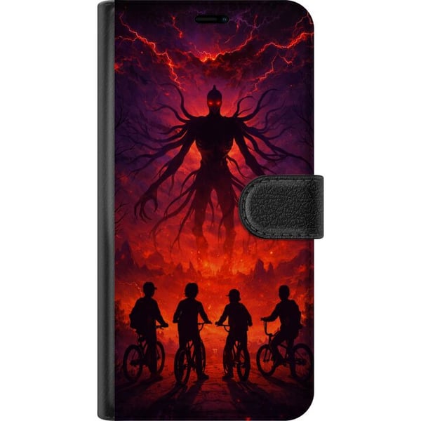 Kompatibel Tegnebogsetui til Samsung Galaxy S23 Ultra Mørk fantasyillustration inspireret af Stranger Things med overnaturligt væsen, lyn og cyklende