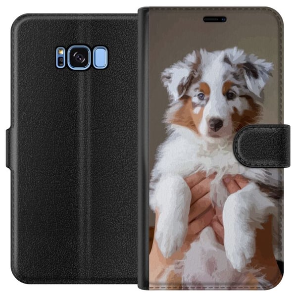 Kompatibelt Plånboksfodral till Samsung Galaxy S8 Hundvalp illustration – Söt fluffig valp i porträttdesign med blå ögon