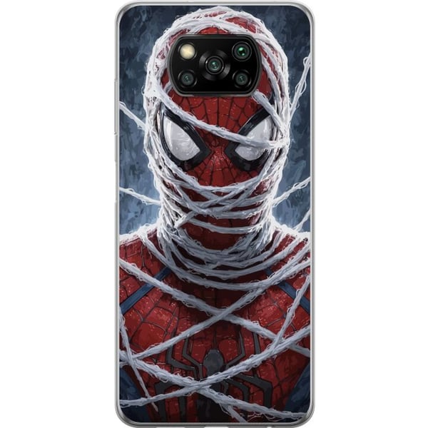 Kompatibel Mobilcover til Xiaomi Poco X3 NFC Spider-Man dækket af tætte netlag i et dramatisk nærbillede, der fremhæver maskens struktur, intensitet