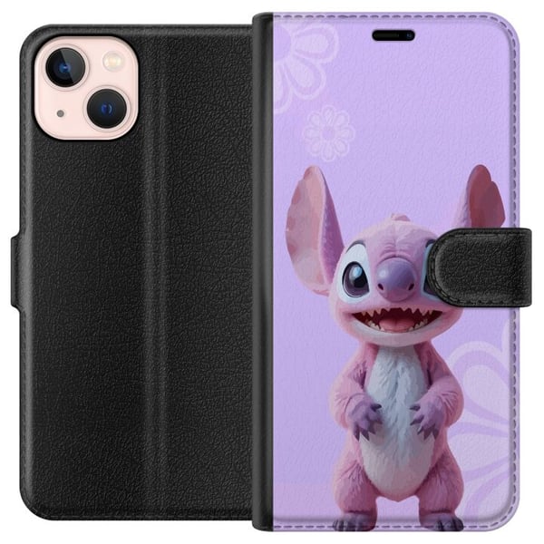 Kompatibelt Plånboksfodral till Apple iPhone 13 mini Rosa Stitch figur kawaii motiv i lila pastell gulligt och charmigt för söta karaktärälskare
