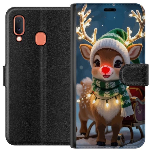 Kompatibelt Lommeboketui til Samsung Galaxy A20e Julete reinsdyr med lysende horn, rød nese og strikket grønn lue står foran en slede i et snødekt mi Kompatibelt Lommeboketui til Samsung Galaxy A20e Julete reinsdyr med lysende horn, rød nese og strikket grønn lue står foran en slede i et snødekt mi