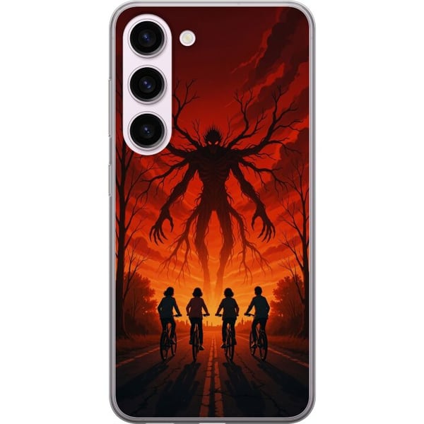 Kompatibel Mobilcover til Samsung Galaxy S23 Mørk Stranger Things-inspireret horrorillustration med rød himmel, truende monster og cyklende børn i dr