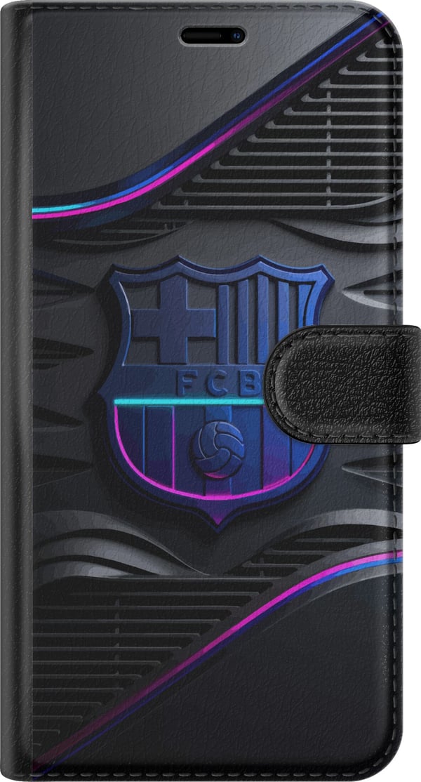 Yhteensopiva Lompakkokotelo Samsung Galaxy A32 5G FC Barcelonan tunnus neoninsinisenä ja vaaleanpunaisena futuristisella metallipinnalla