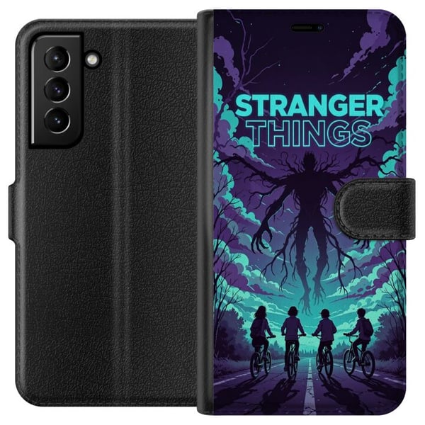 Kompatibel Tegnebogsetui til Samsung Galaxy S21+ 5G Stranger Things-inspireret fantasyillustration med mørkt monster, cyklende børn og dramatisk rød