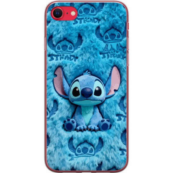 Kompatibelt Mobildeksel til Apple iPhone SE (2022) Stitch sitter på et fluffy blått mønster med ansiktet og ørene sine gjentatt som tekstur, noe som
