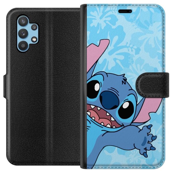 Kompatibelt Plånboksfodral till Samsung Galaxy A32 5G Stitch som sträcker sig fram i färgglad illustration med blommig bakgrund Kompatibelt Plånboksfodral till Samsung Galaxy A32 5G Stitch som sträcker sig fram i färgglad illustration med blommig bakgrund