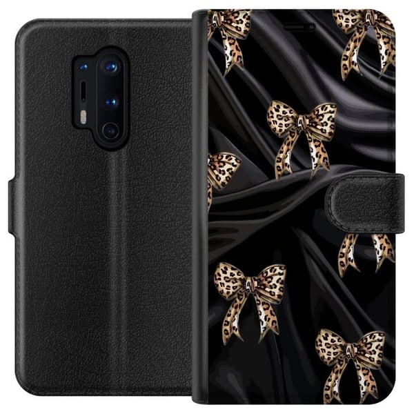 Kompatibel Tegnebogsetui til OnePlus 8 Pro Leopardrosetter på sort silke, luksuriøst mønster med eksklusiv modefølelse, perfekt til dig, der kan lide