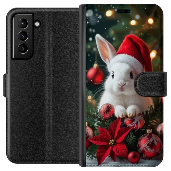 Kompatibelt Lommeboketui til Samsung Galaxy S21+ 5G Julekanin med nisselue søt kanin vinter røde dekorasjoner festlig kawaii jul koselige lys plakat Kompatibelt Lommeboketui til Samsung Galaxy S21+ 5G Julekanin med nisselue søt kanin vinter røde dekorasjoner festlig kawaii jul koselige lys plakat