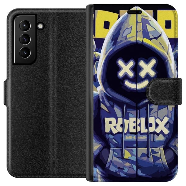 Kompatibelt Lommeboketui til Samsung Galaxy S21+ 5G Blå-gul Roblox-inspirert hettefigur med maske og minimalistisk neonstil, stilren spillillustrasjo Kompatibelt Lommeboketui til Samsung Galaxy S21+ 5G Blå-gul Roblox-inspirert hettefigur med maske og minimalistisk neonstil, stilren spillillustrasjo