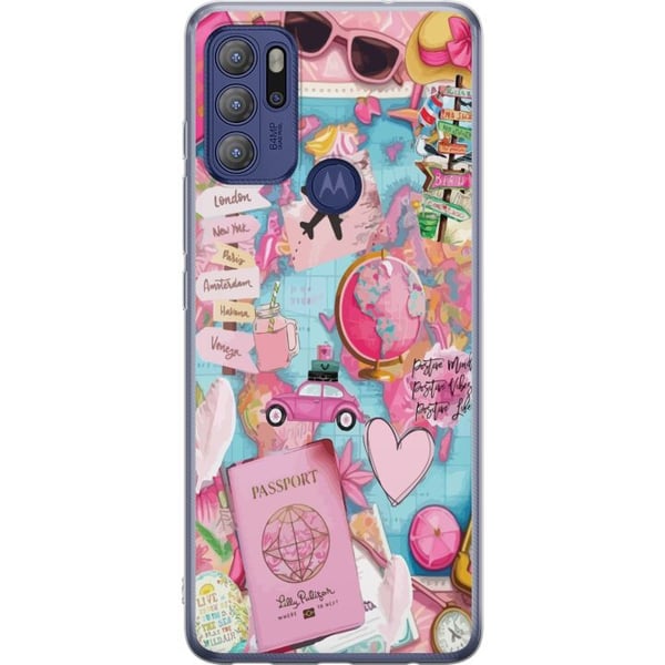 Kompatibel Mobilcover til Motorola Moto G60S Pink og turkis rejsecollage med verdenskort pas fly kameraer hjerter og destinationer moderne rejseæstet