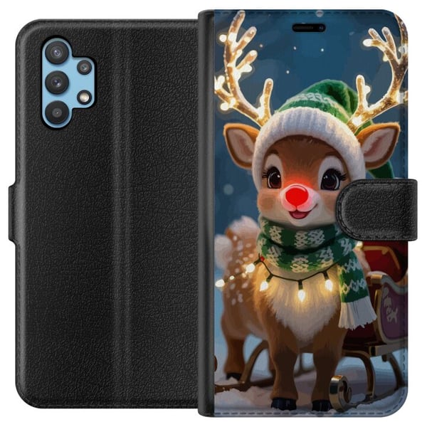 Kompatibelt Plånboksfodral till Samsung Galaxy A32 5G Julig ren med lysande horn röd nos och stickad grön mössa står framför släde i snötäckt miljö o Kompatibelt Plånboksfodral till Samsung Galaxy A32 5G Julig ren med lysande horn röd nos och stickad grön mössa står framför släde i snötäckt miljö o
