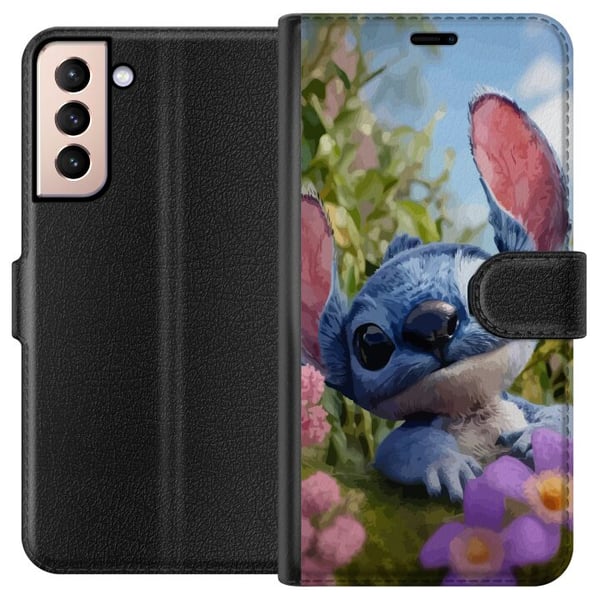 Kompatibel Tegnebogsetui til Samsung Galaxy S21 Blå tegnet figur inspireret af Stitch i naturlige omgivelser med blomster og et sødt udtryk, perfekt