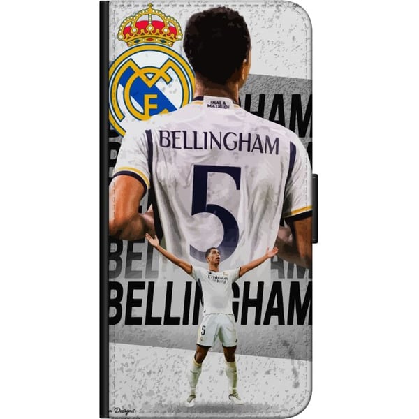 Kompatibelt Plånboksfodral till Samsung Galaxy A20s Real Madrid Jude Bellingham med försvarare i nummer 5 tröja stort klubbemblem svartvit kontrast a