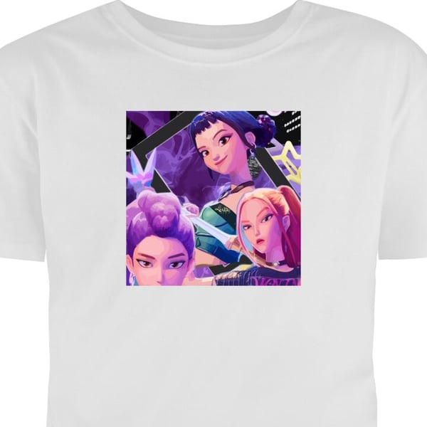 Barn T-skjorte K-Pop Demon Hunters anime-inspirert futuristisk by med tre heltinner og lilla neonlys Hvit 5-6 År