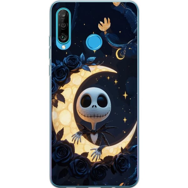 Kompatibel Mobilcover til Huawei P30 lite Måneskellet – motiv med en skeletfigur, der sidder på en måne omgivet af stjerner og roser