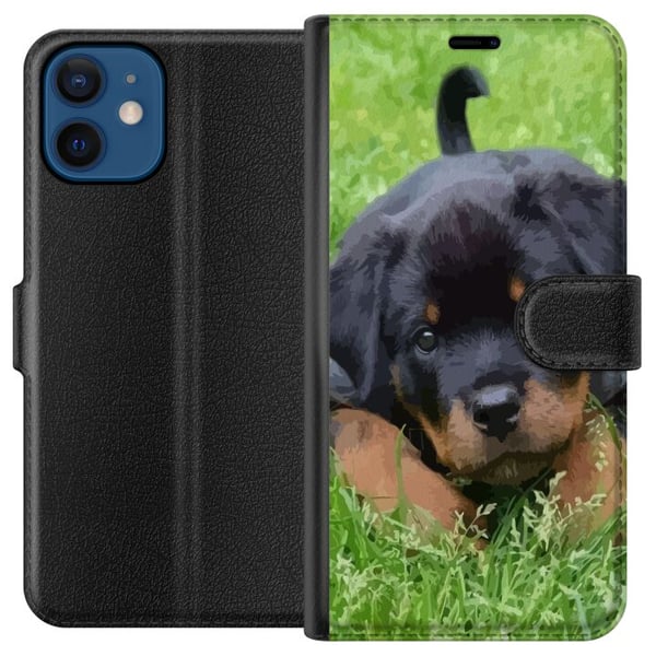 Kompatibel Tegnebogsetui til Apple iPhone 12 Rottweilerhvalp med store øjne, bløde farver og tydelige detaljer, naturinspireret og charmerende hunded