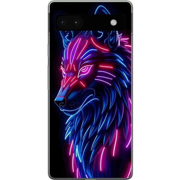 Yhteensopiva Puhelinkuori Google Pixel 6a Neonvalaistu susi sinisessä ja vaaleanpunaisessa valossa futuristisella cyberpunk-tunnelmalla