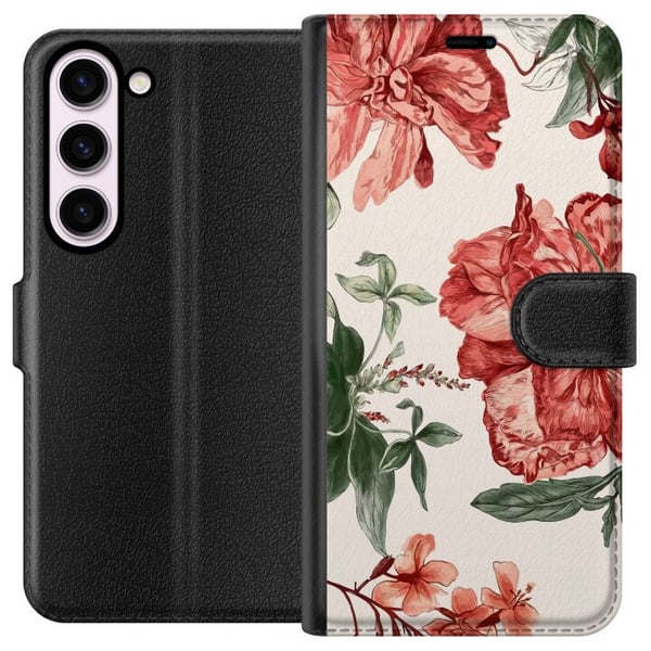Kompatibel Tegnebogsetui til Samsung Galaxy S23 Røde blomster, botanisk motiv med grønne blade, elegant stil til dig, der kan lide naturens farver