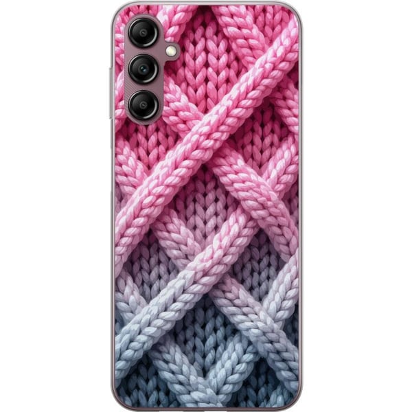 Kompatibel Mobilcover til Samsung Galaxy A14 5G Tæt nærbillede af flettet tekstil i pink, grå og hvid med tydelig taktil struktur