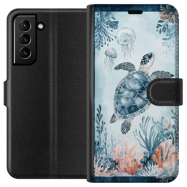 Yhteensopiva Lompakkokotelo Samsung Galaxy S21+ 5G Akvarellikilpikonna tyynessä sinisessä meressä korallien ja leijuvien meduusojen keskellä Yhteensopiva Lompakkokotelo Samsung Galaxy S21+ 5G Akvarellikilpikonna tyynessä sinisessä meressä korallien ja leijuvien meduusojen keskellä