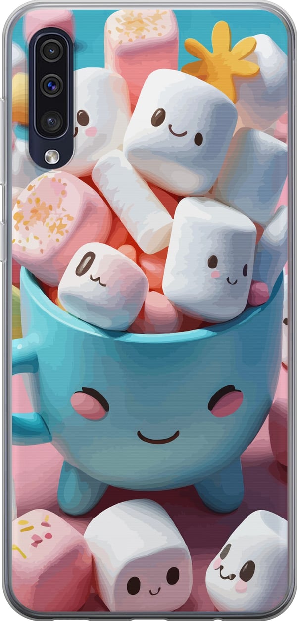 Yhteensopiva Puhelinkuori Samsung Galaxy A50 Kawaii marshmallow smile kawaii-design, jossa on suloisia hahmoja kupissa, värikäs ja iloinen tyyli