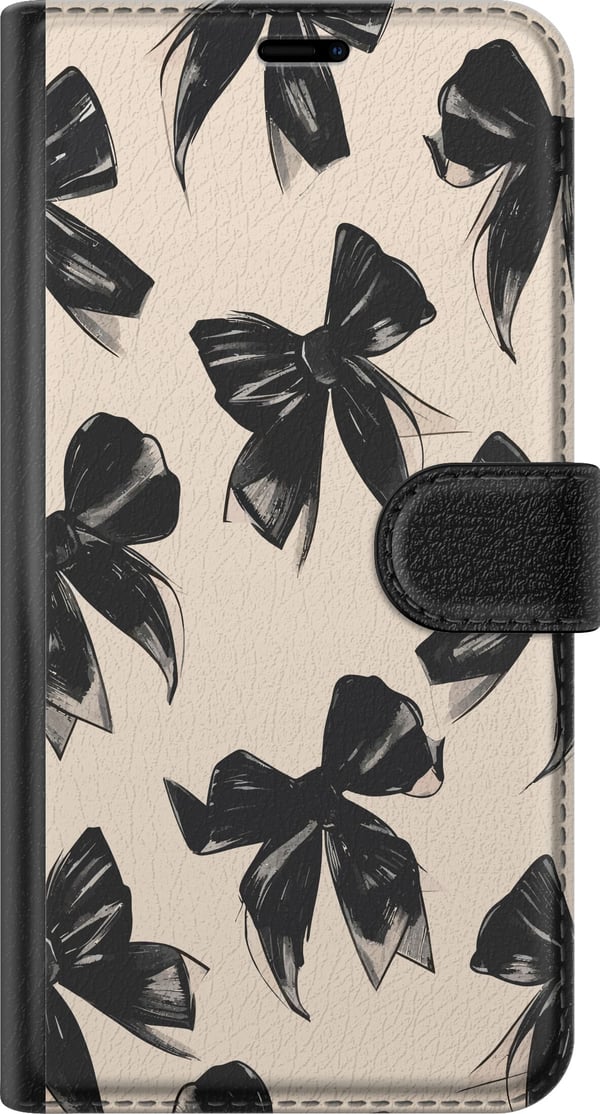 Yhteensopiva Lompakkokotelo Apple iPhone SE (2022) Mustat rusetit beigen taustan päällä, elegantti ajaton design pehmeillä kontrasteilla ja ylellisel