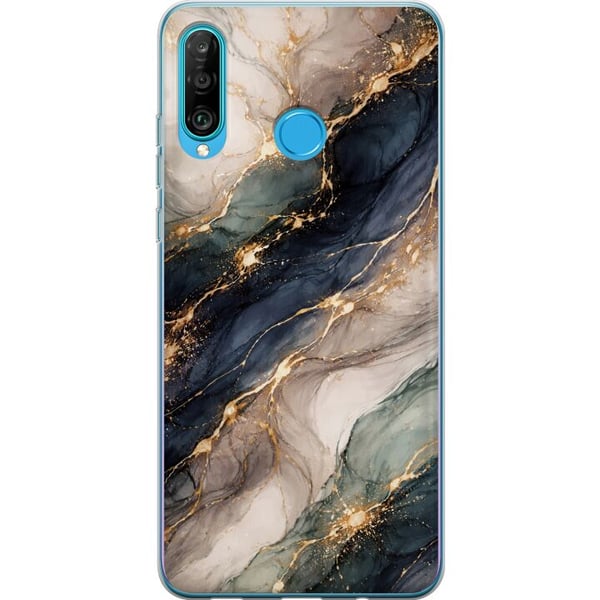 Kompatibelt Mobilskal till Huawei P30 lite Lyxig abstrakt marmorkonst i svart, vitt och guld med eleganta linjer, exklusiv design för posters, tavlor