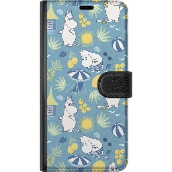 Kompatibelt Plånboksfodral till Samsung Galaxy A20e Strandtema med frukter parasoller sommarhus och glada figurer i färgglatt mönster fyllt av lekful