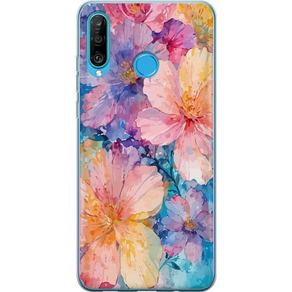 Kompatibelt Mobilskal till Huawei P30 lite Akvarellmålning med stora blommor i rosa blå och gula toner i mjuk konstnärlig stil