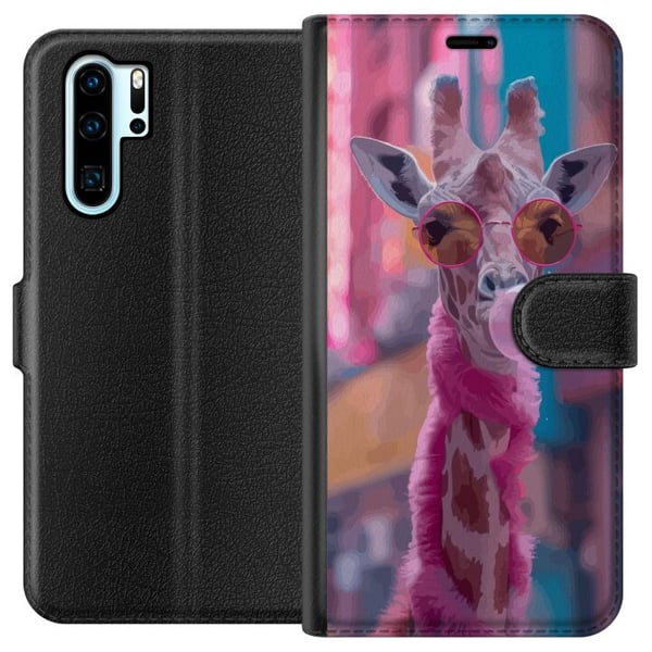 Kompatibelt Plånboksfodral till Huawei P30 Pro Giraff med bubbelgum rolig färgstark design i stadsmiljö popkonststil med lekfull energi humor och kre