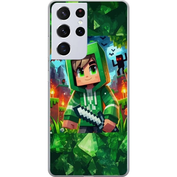 Kompatibel Mobilcover til Samsung Galaxy S21 Ultra 5G Minecraft-gamerdreng i grøn hættetrøje – tegnet Minecraft-dreng med sværd, pixels og eventyrtem