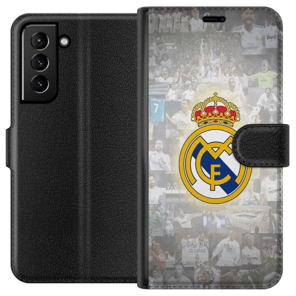Kompatibelt Lommeboketui til Samsung Galaxy S21+ 5G Real Madrid Emblem Fotboll Klubbmärke Vit Guld Design Kompatibelt Lommeboketui til Samsung Galaxy S21+ 5G Real Madrid Emblem Fotboll Klubbmärke Vit Guld Design