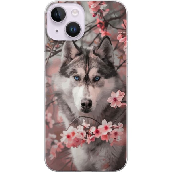 Kompatibelt Mobilskal till Apple iPhone 14 Plus Husky med blå ögon bland rosa körsbärsblommor – vackert, naturinspirerat och detaljrikt motiv.