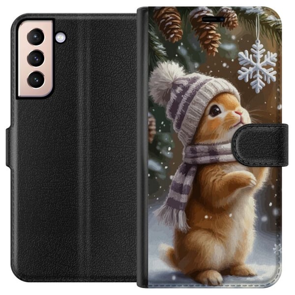 Kompatibelt Lommeboketui til Samsung Galaxy S21 Vinterkanin med lue og skjerf beundrer snøfnugg sjarmerende vintermotiv fylt med julestemning